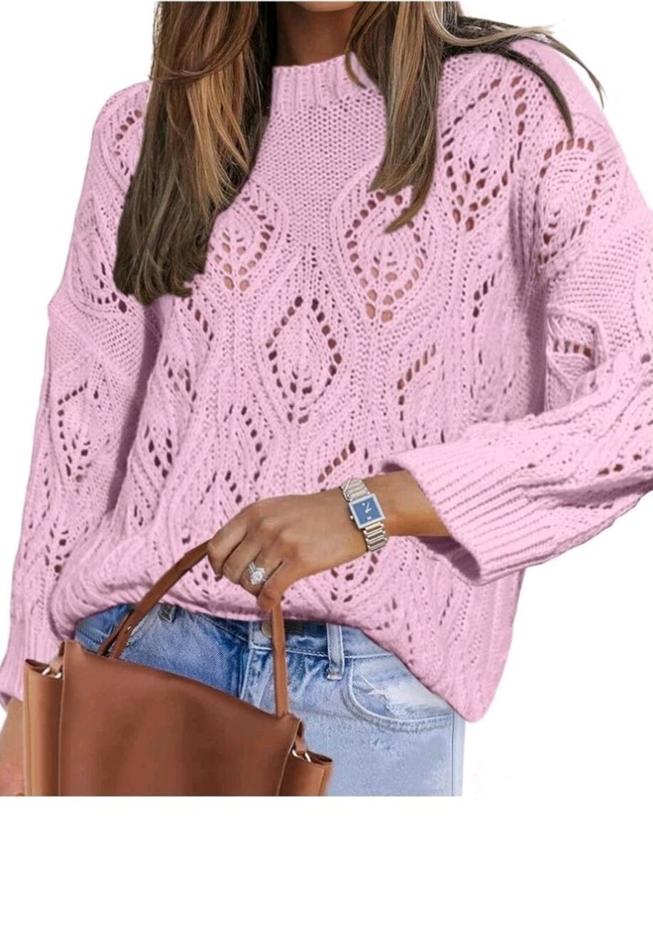 Allimy Women's Elegant Crewneck Crochet Cable Knit Sweaters for Women Size M